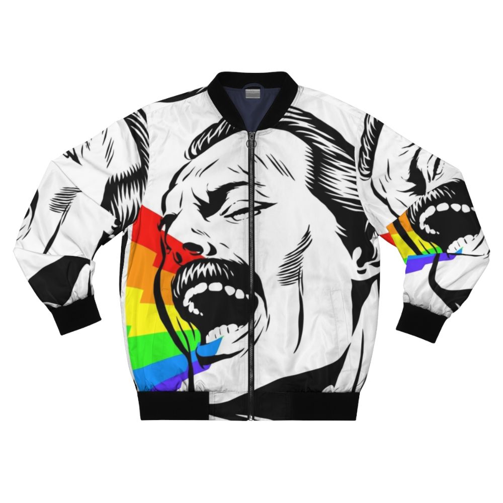 A colorful, vibrant bomber jacket with a singing rainbows design