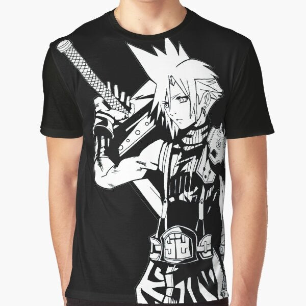 Illustration of Cloud Strife, the iconic swordmaster from the Final Fantasy video game series, printed on a high-quality t-shirt.