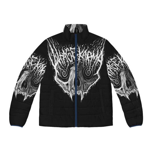 Black metal inspired puffer jacket with vintage cat design