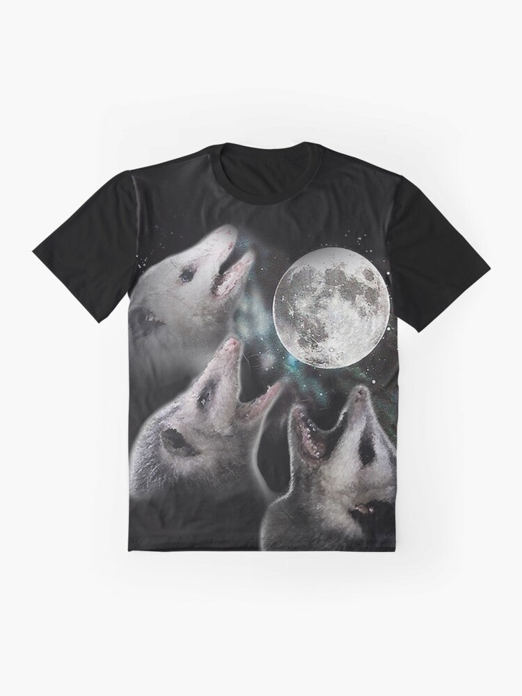 Illustration of a possum howling at the moon on a space-themed graphic t-shirt - Flat lay