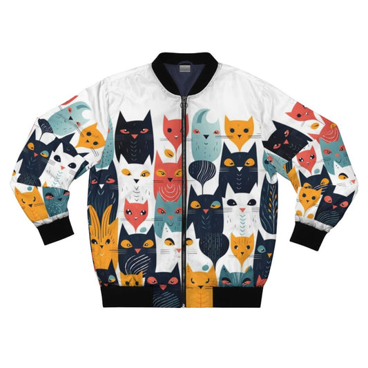 Bomber jacket with a pattern of cats on a white background