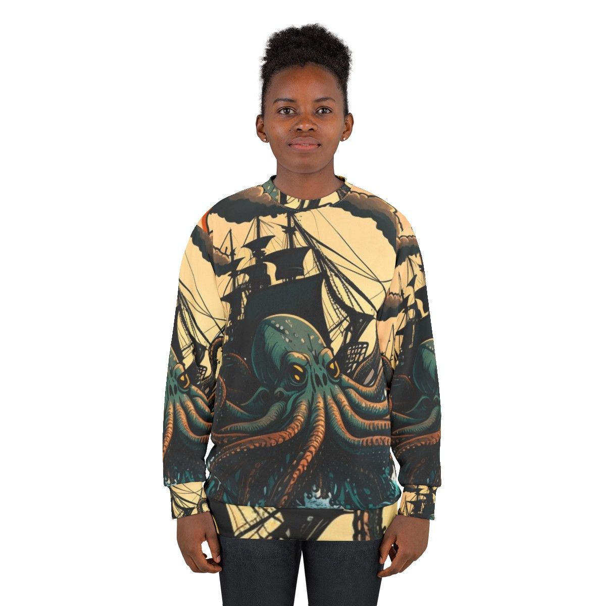 Illustration of various mythical sea creatures on a cozy sweatshirt - women