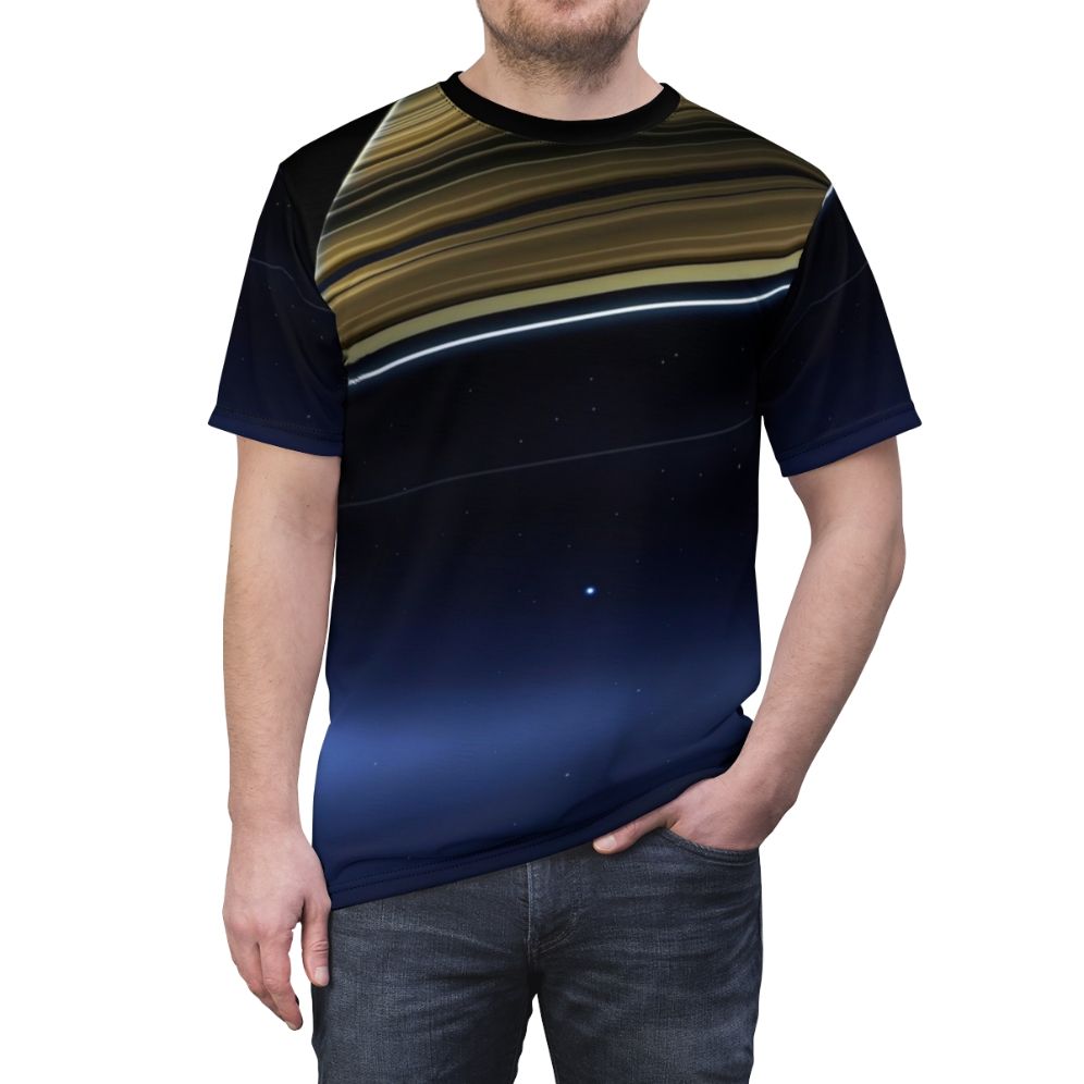 Pale Blue Dot Inspired T-Shirt with Cassini Saturn, Voyager Probe, and Carl Sagan Quote - men front