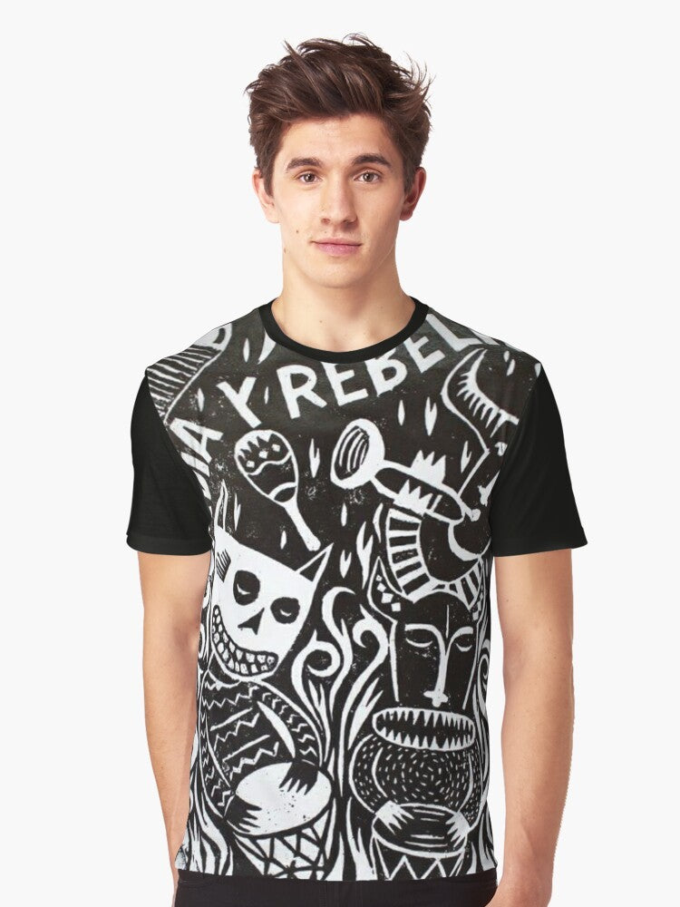 Graphic t-shirt featuring the words "Cumbia and Rebellion" with a Latin American music theme - Men