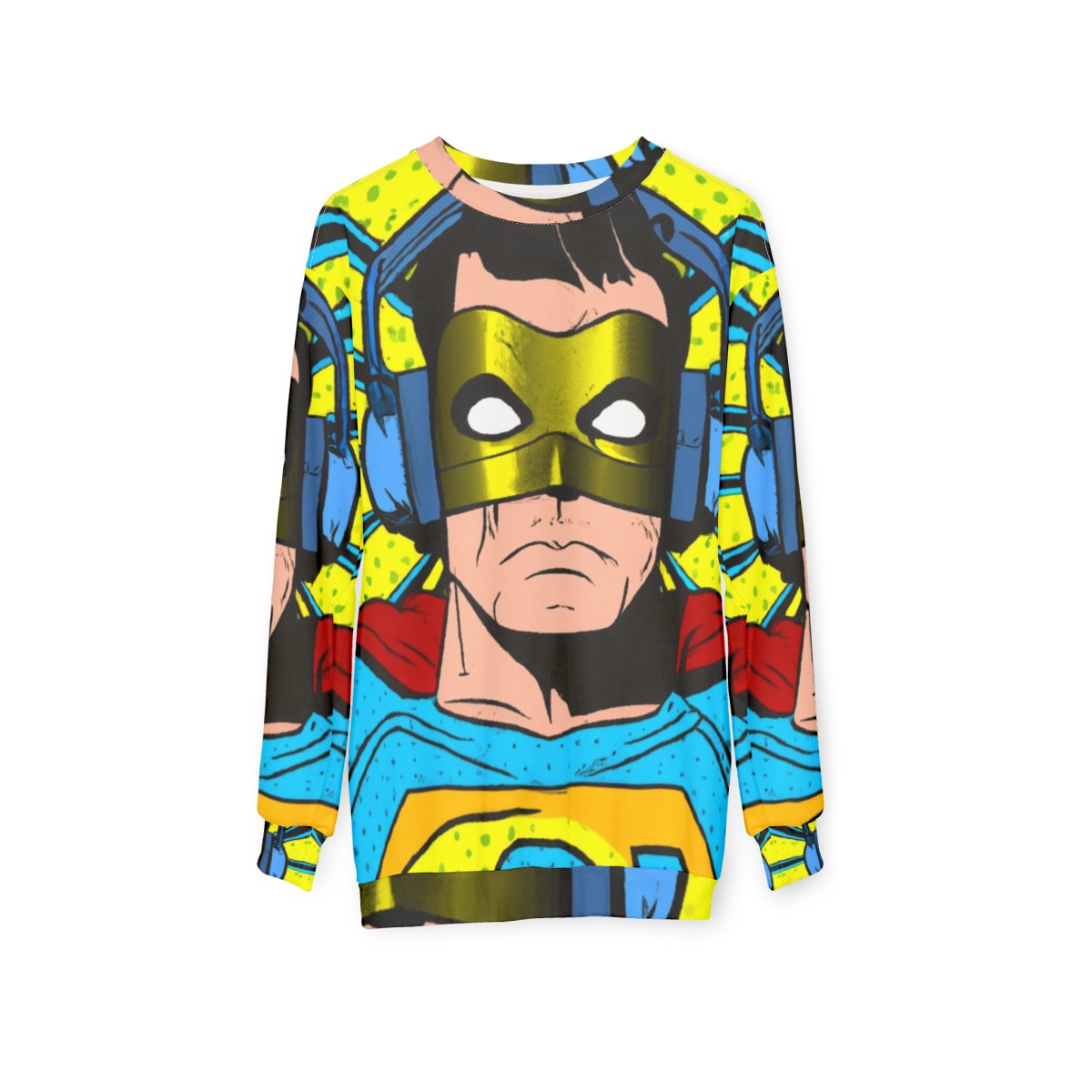 Superhero wearing headphones graphic tee sweatshirt - hanging