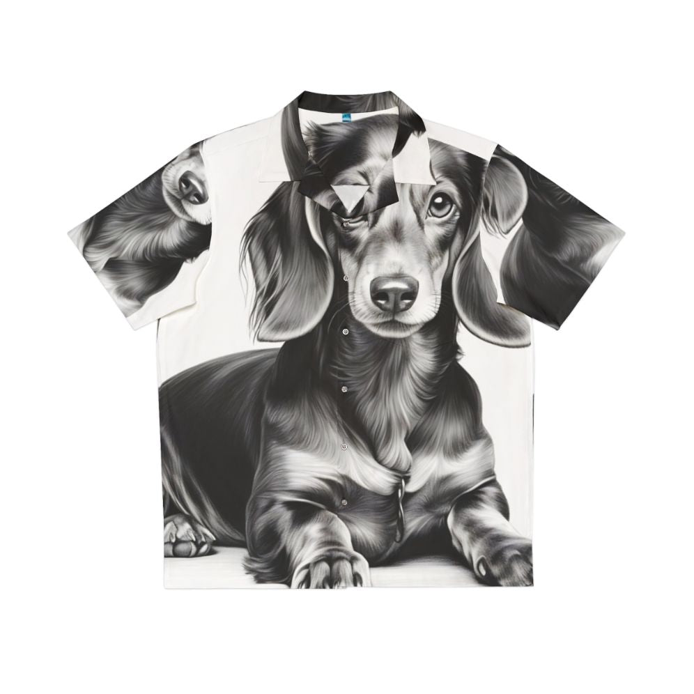 Dachshund dog wearing a Hawaiian shirt with a tropical print