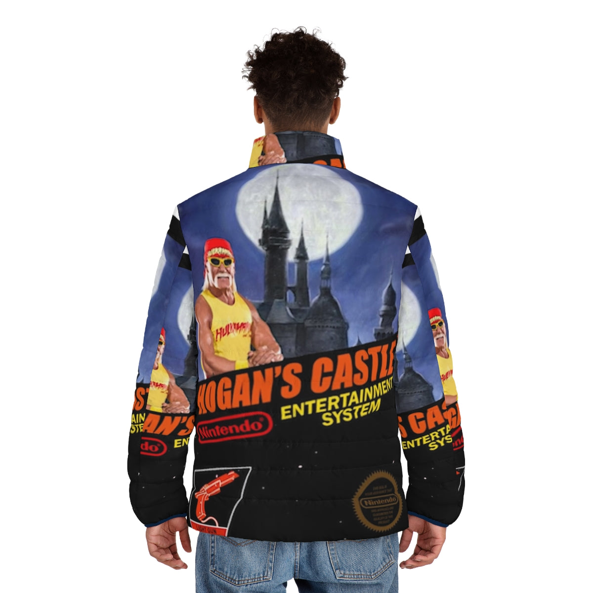 Hogans Castle Puffer Jacket featuring videogame dunkey and beeg beeg yoshi - men back