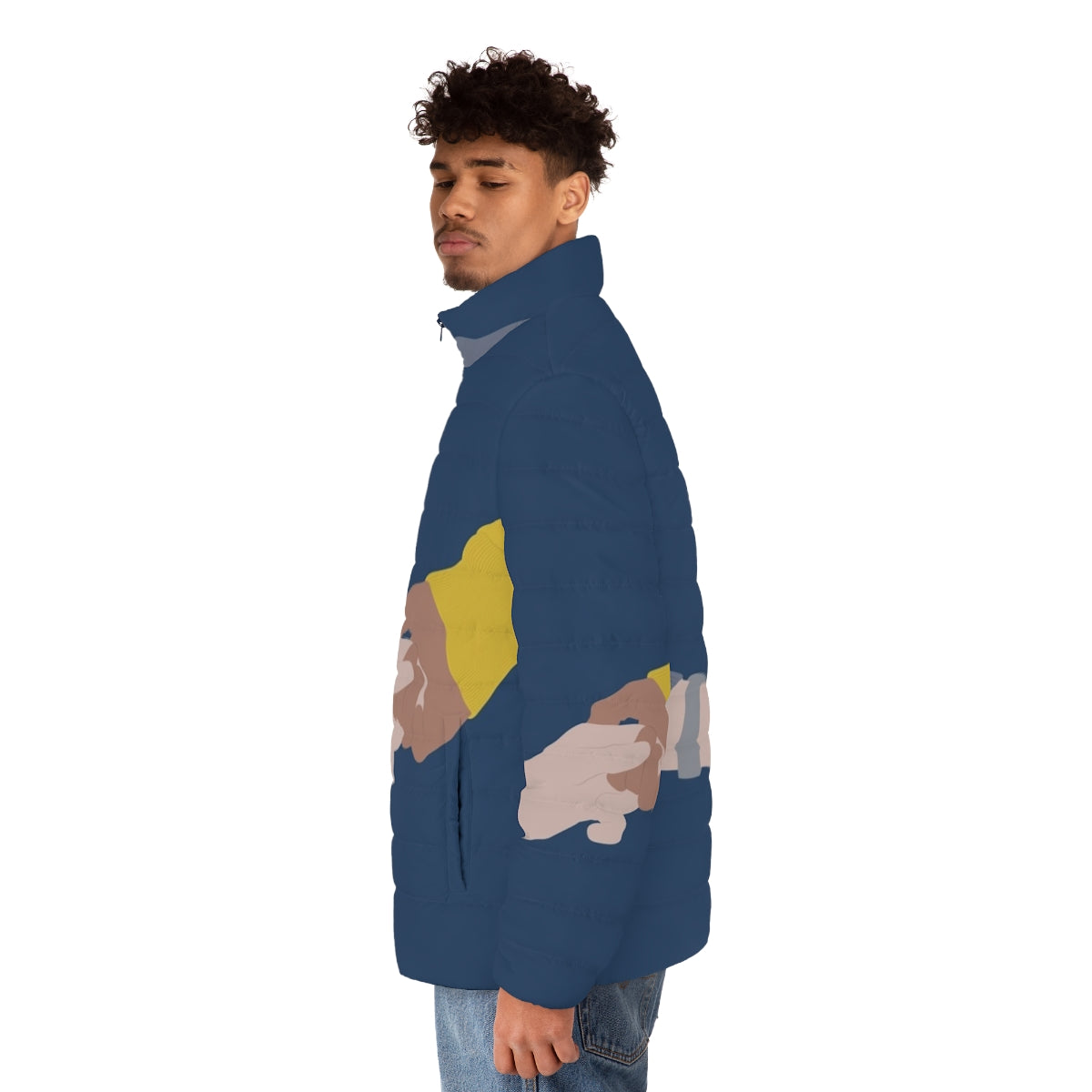 "What Will Happen To Us I Don't Know" Young Royals inspired puffer jacket with minimal line art design - men side left