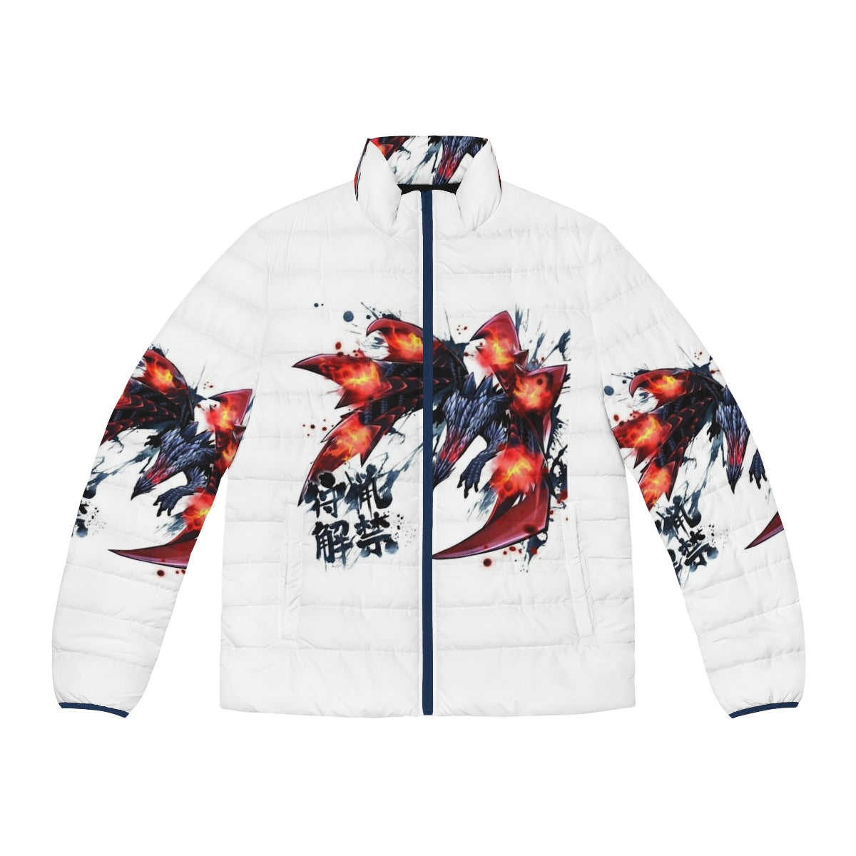 Valstrax Monster Hunter Puffer Jacket featuring the iconic dragon from the video game series