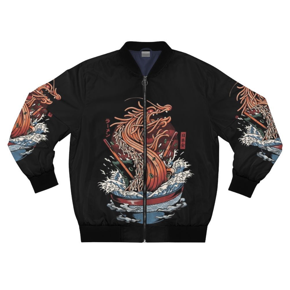 Vibrant illustration of a dragon emerging from a ramen bowl on a bomber jacket