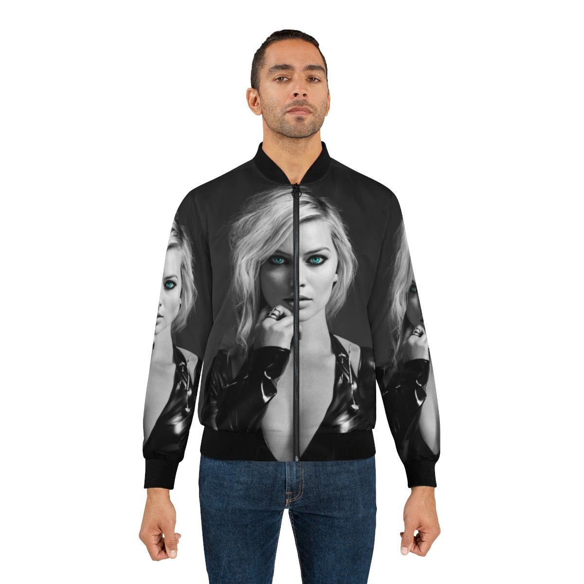 Margot Robbie as Harley Quinn wearing a blue bomber jacket with the Suicide Squad logo - Lifestyle