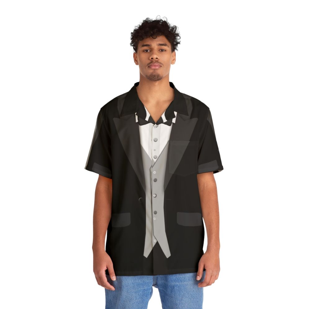 Funny Black Hawaiian Shirt with Tuxedo Bowtie and Vest - People Front