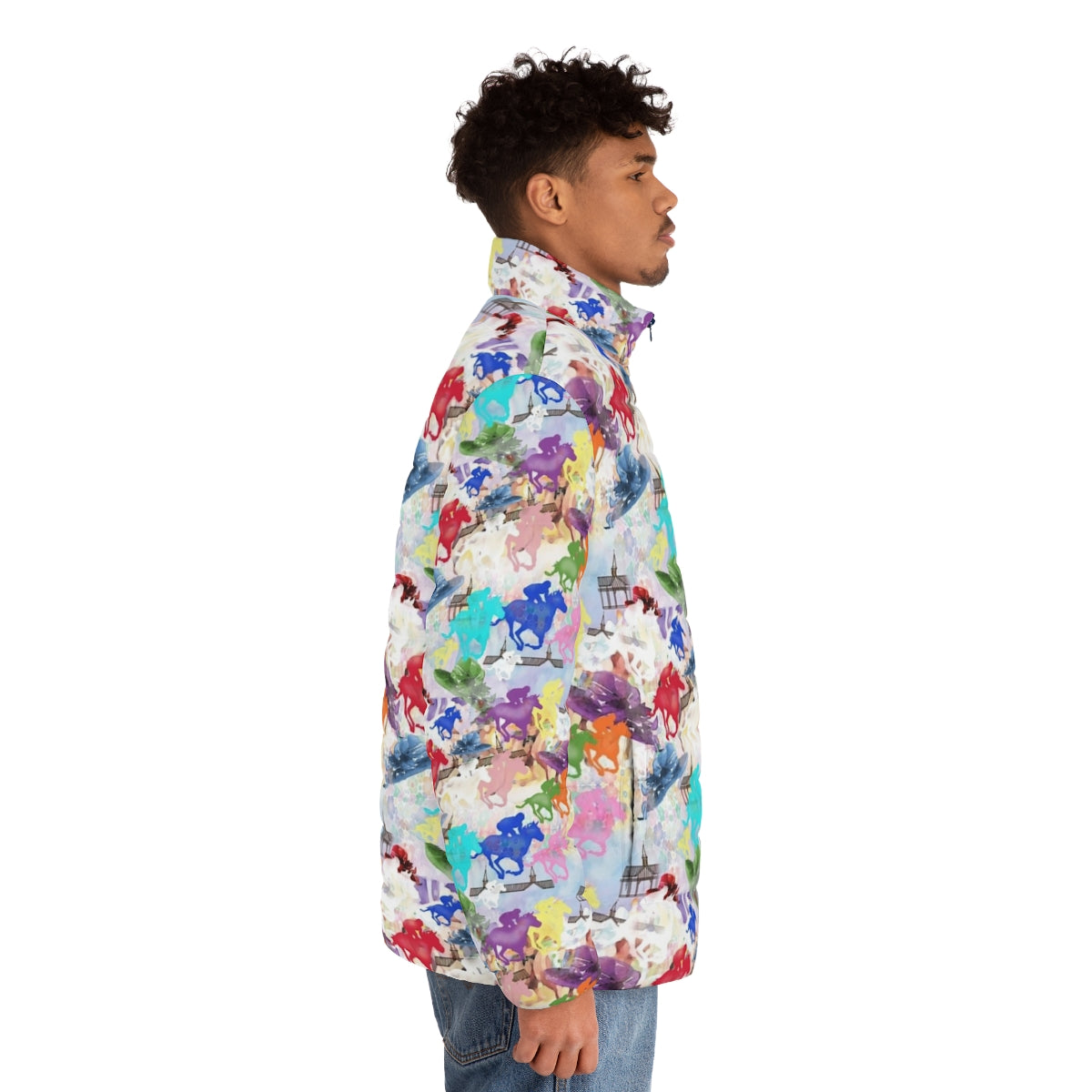 Colorful horse silhouette puffer jacket with focus on equestrian and horse racing - men side right