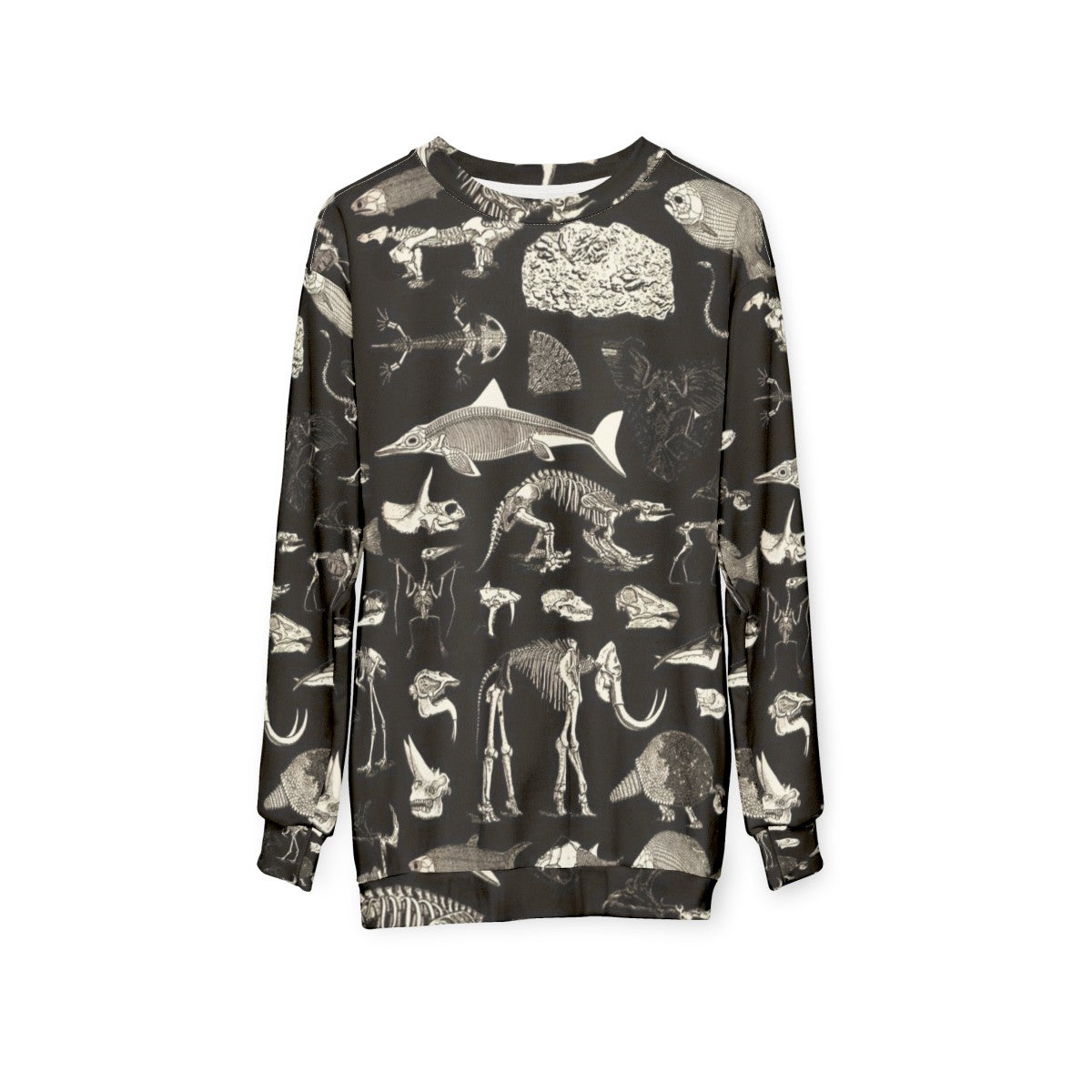 Paleontology Illustration Sweatshirt featuring fossils, dinosaurs, and skeletons - hanging