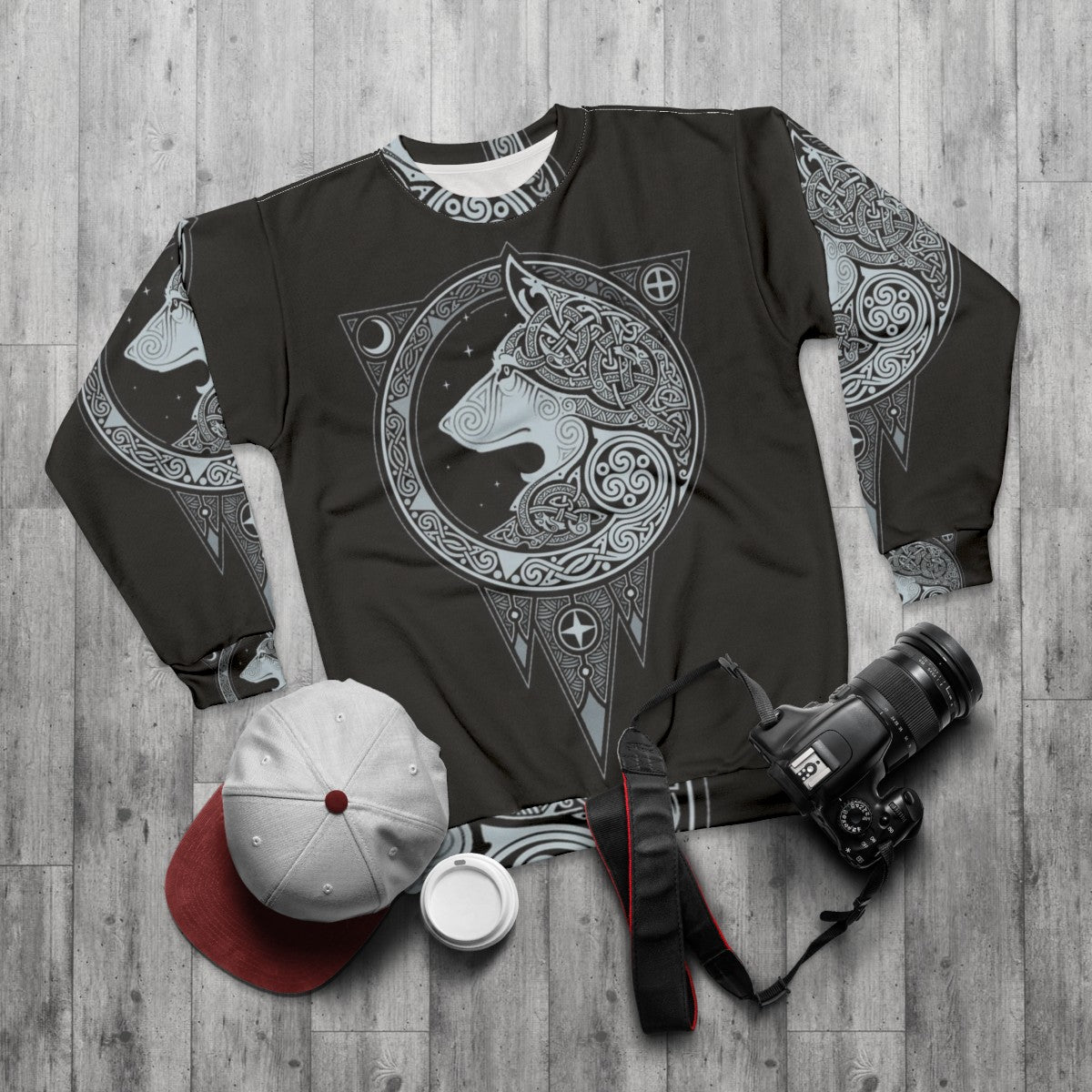 Norse Ulv Silver Sweatshirt with Scandinavian Mythology and Wolf Graphic - flat lay