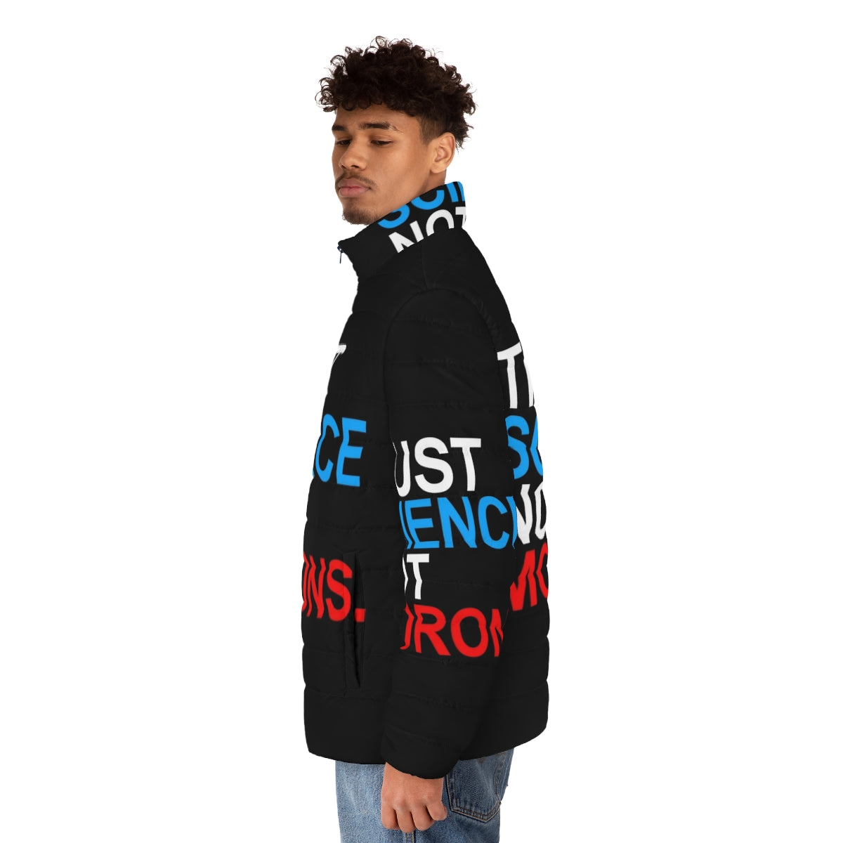 Red white and blue puffer jacket with pro-science message - men side left