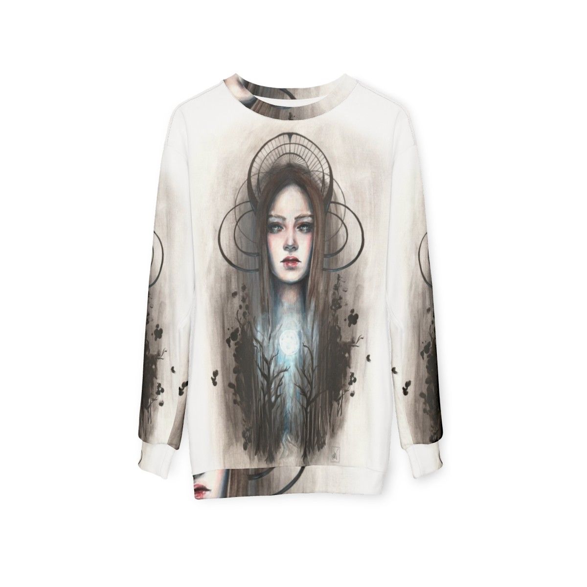 Artemis Acrylic and Ink Painting Sweatshirt featuring Greek Mythology Goddess Huntress - hanging