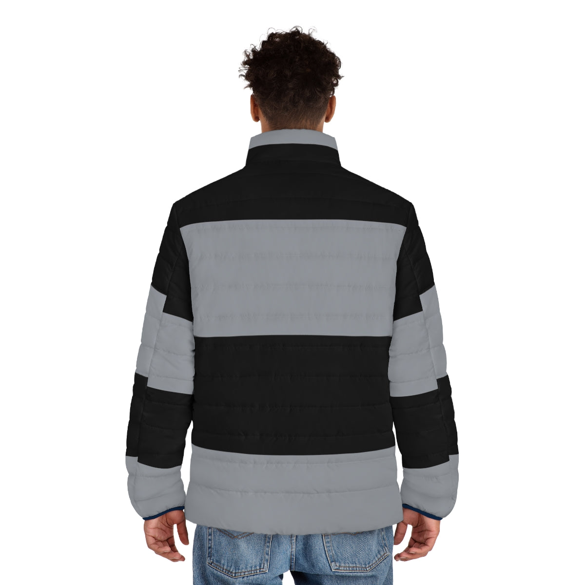 A black and grey horizontal striped puffer jacket, perfect for cold weather - men back