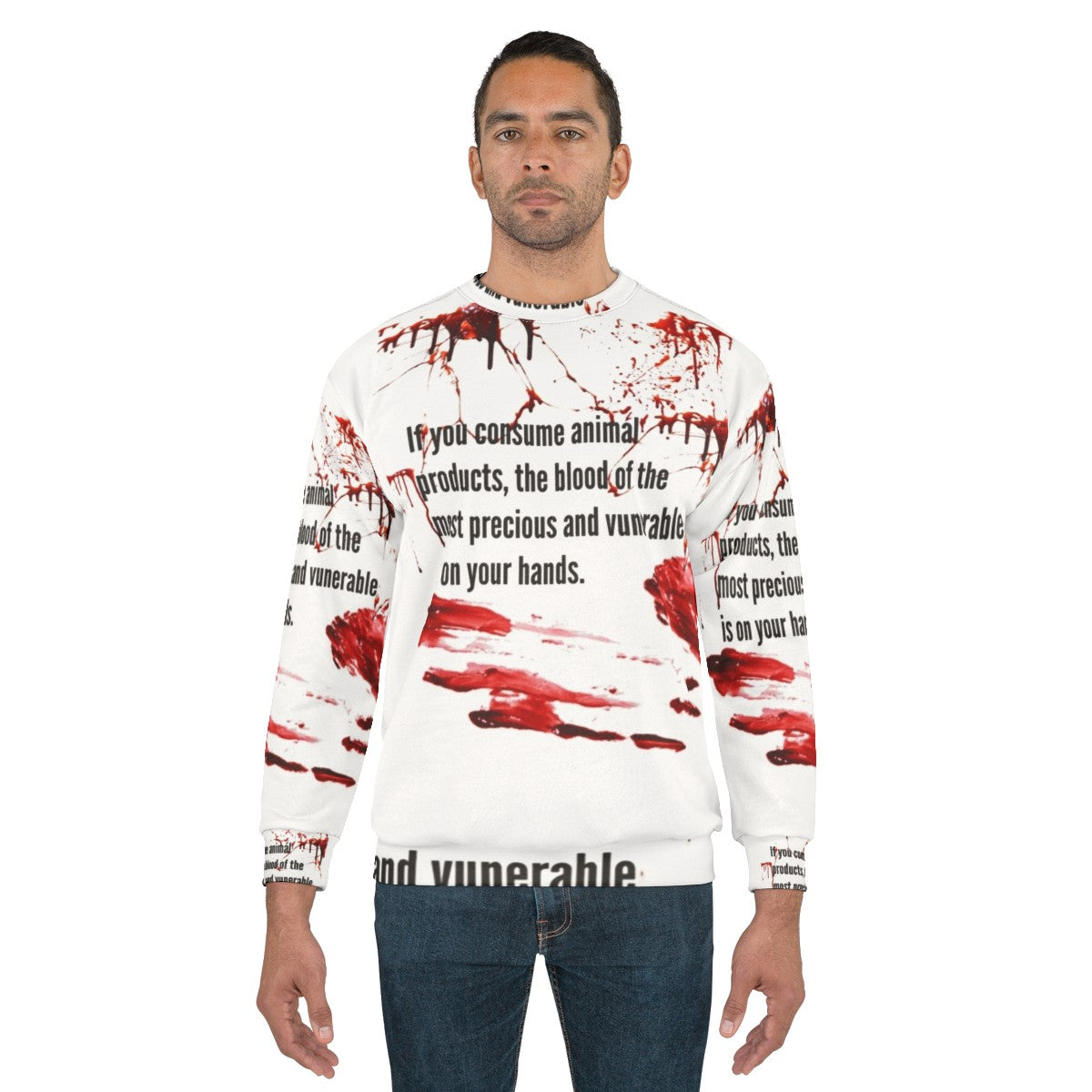 Animal rights activist wearing vegan sweatshirt with "Blood Is On Your Hands" message - men