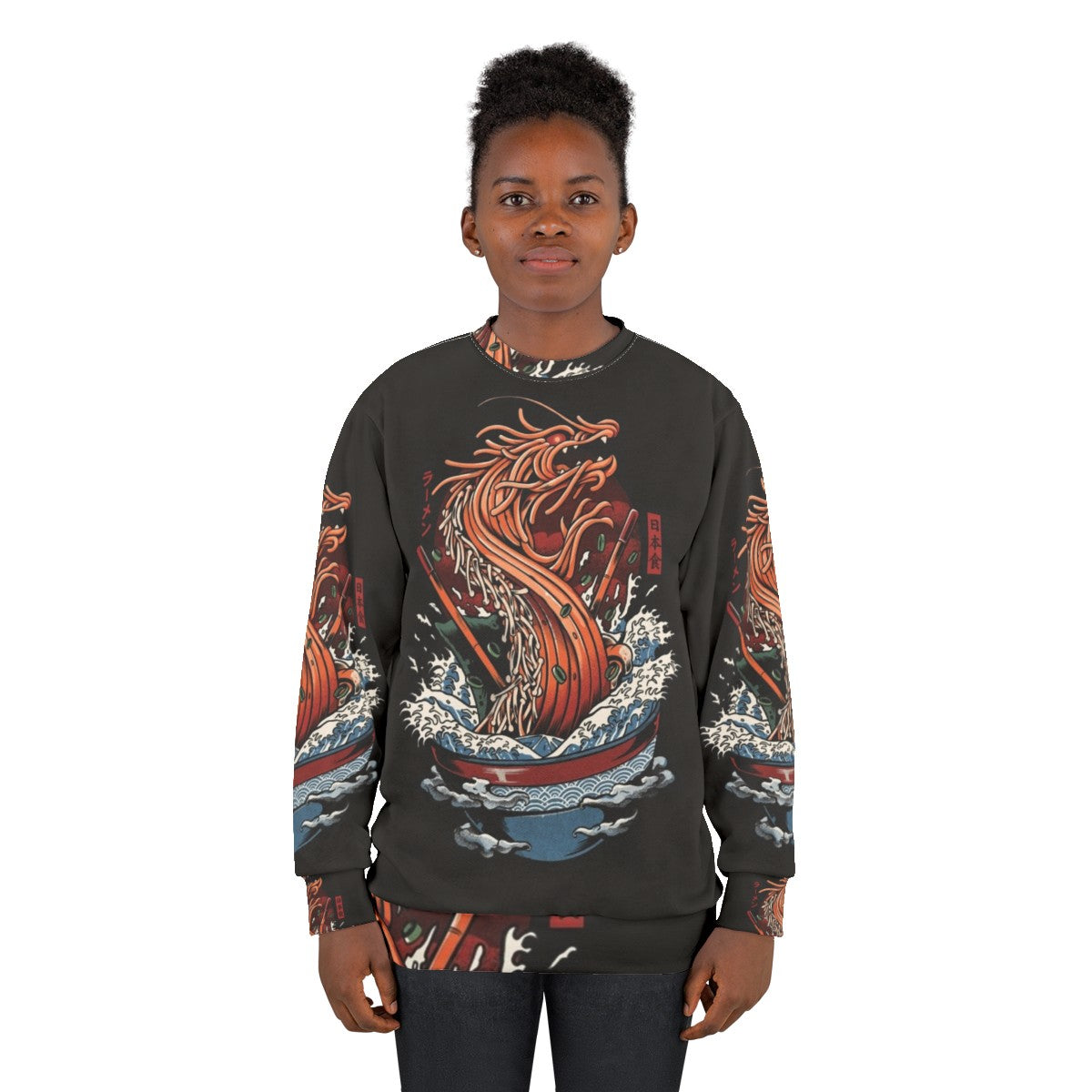 Ramen Dragon Sweatshirt with Japanese Art Inspired Kaiju Food Design - women