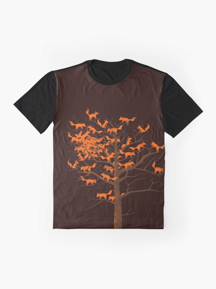 A vibrant graphic t-shirt featuring a mystical fox amidst a blazing tree, evoking the beauty of autumn nature. - Flat lay