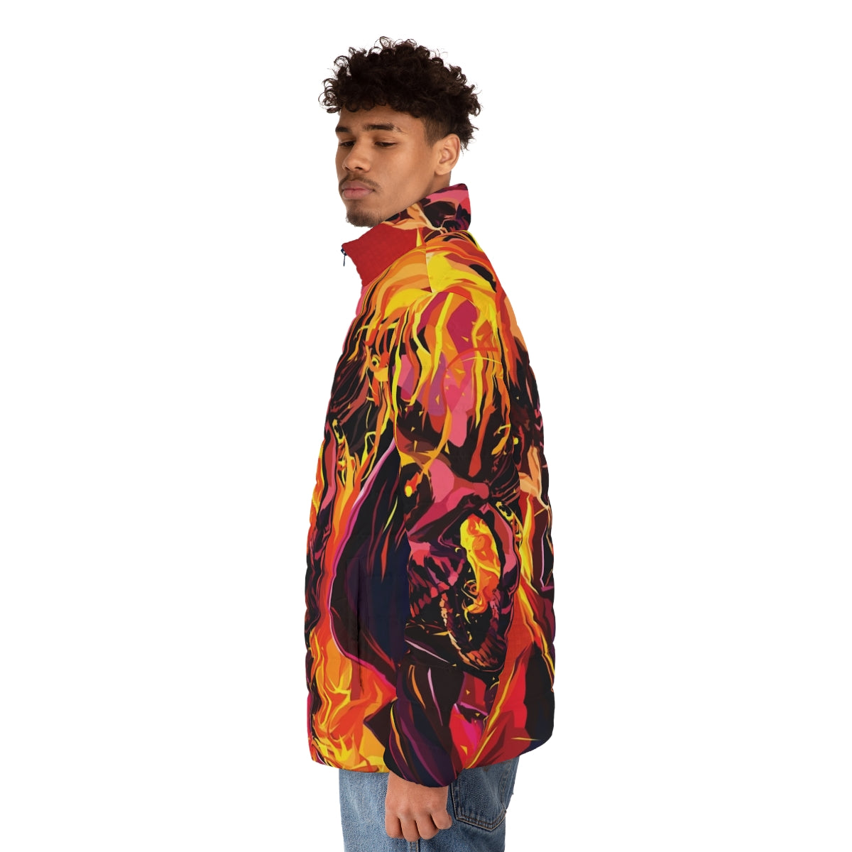 A puffer jacket featuring the iconic Ghost Rider character with a flaming skull design - men side left