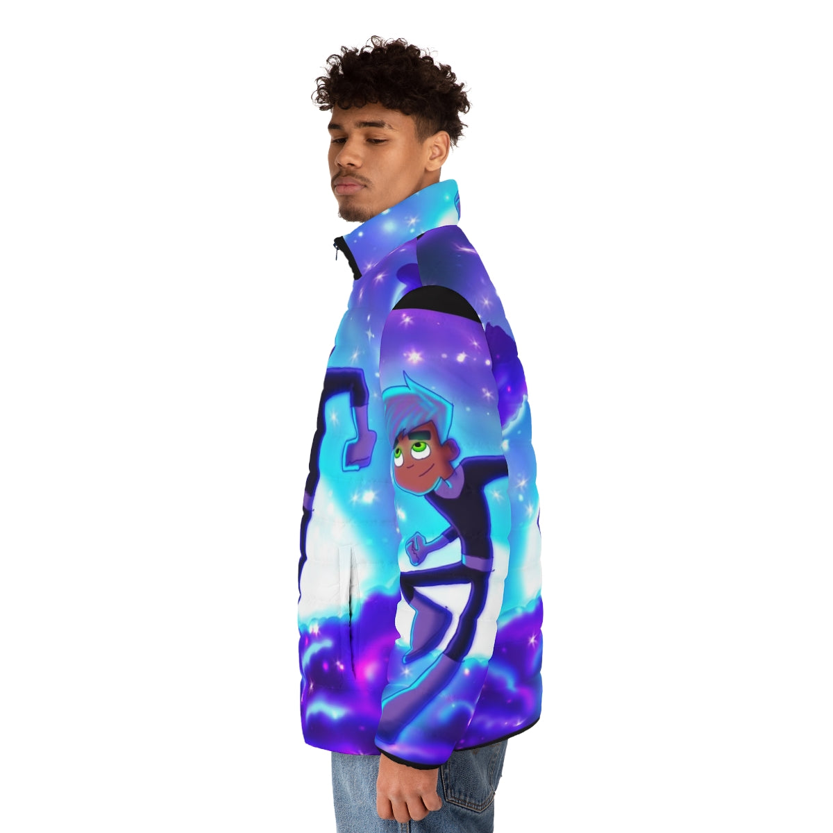 Danny Phantom themed puffer jacket featuring the iconic character - men side left