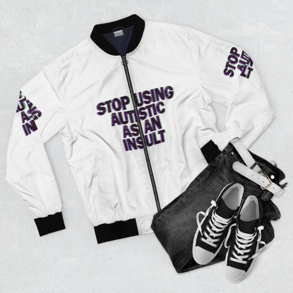 Autism Awareness Bomber Jacket with mental health recovery graphics - Flat lay