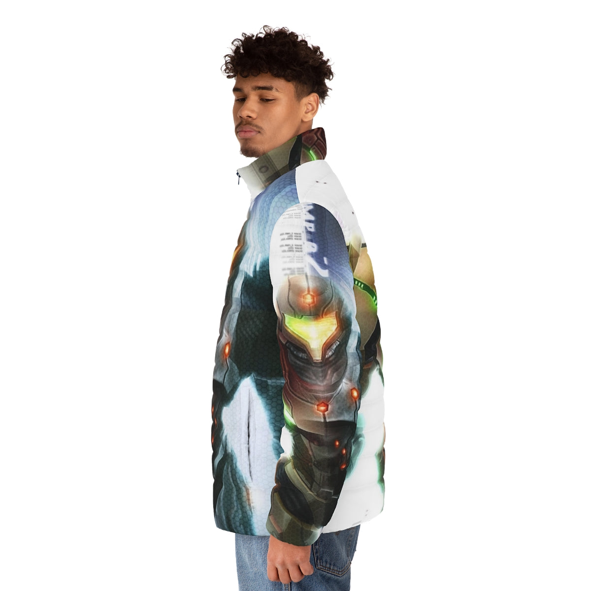 Metroid-themed puffer jacket with futuristic sci-fi design - men side left