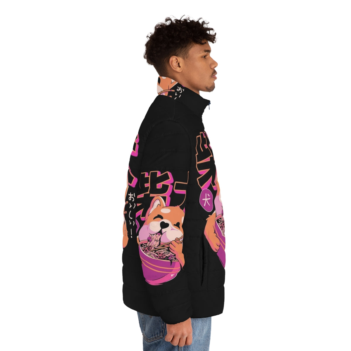 Shiba Noodles Puffer Jacket featuring a cute Shiba Inu dog and Japanese ramen noodles design - men side right