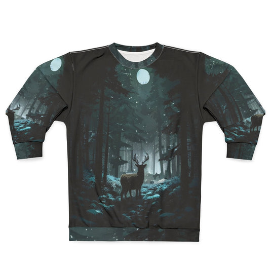 Cozy winter woods deer sweatshirt with snowy landscape and moonlight