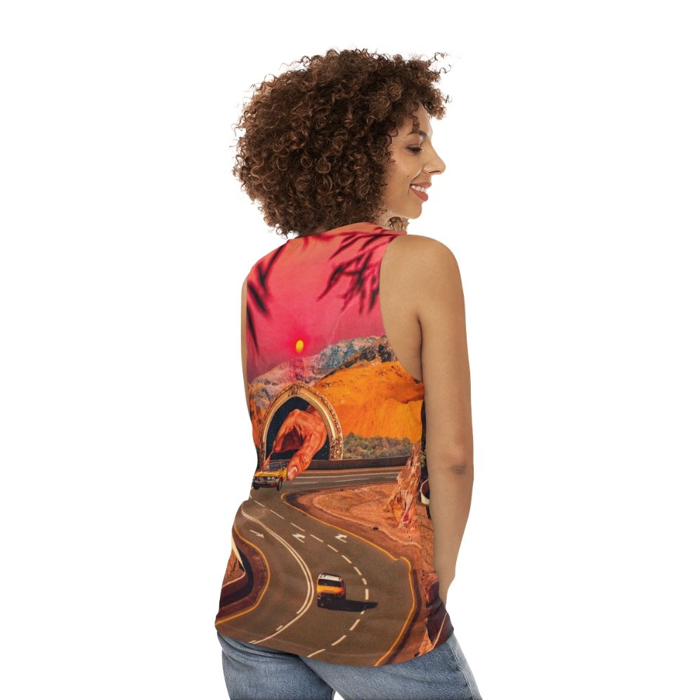 Colorful surreal unisex tank top with retro futuristic design featuring cars and space elements - women back