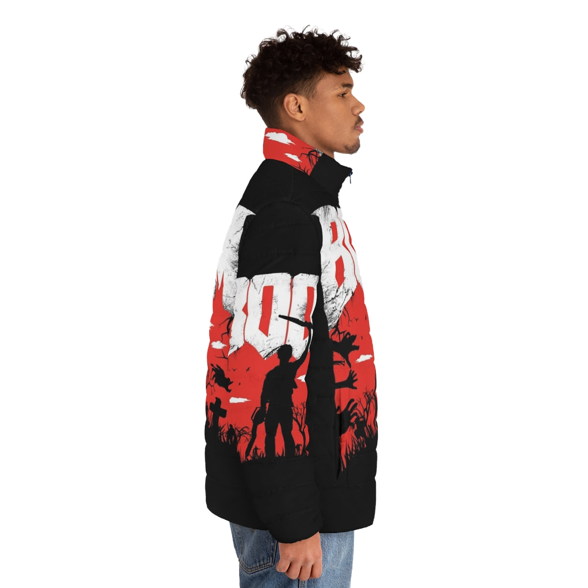 Boomstick puffer jacket with red and black design, featuring references to the Evil Dead franchise and Army of Darkness - men side right