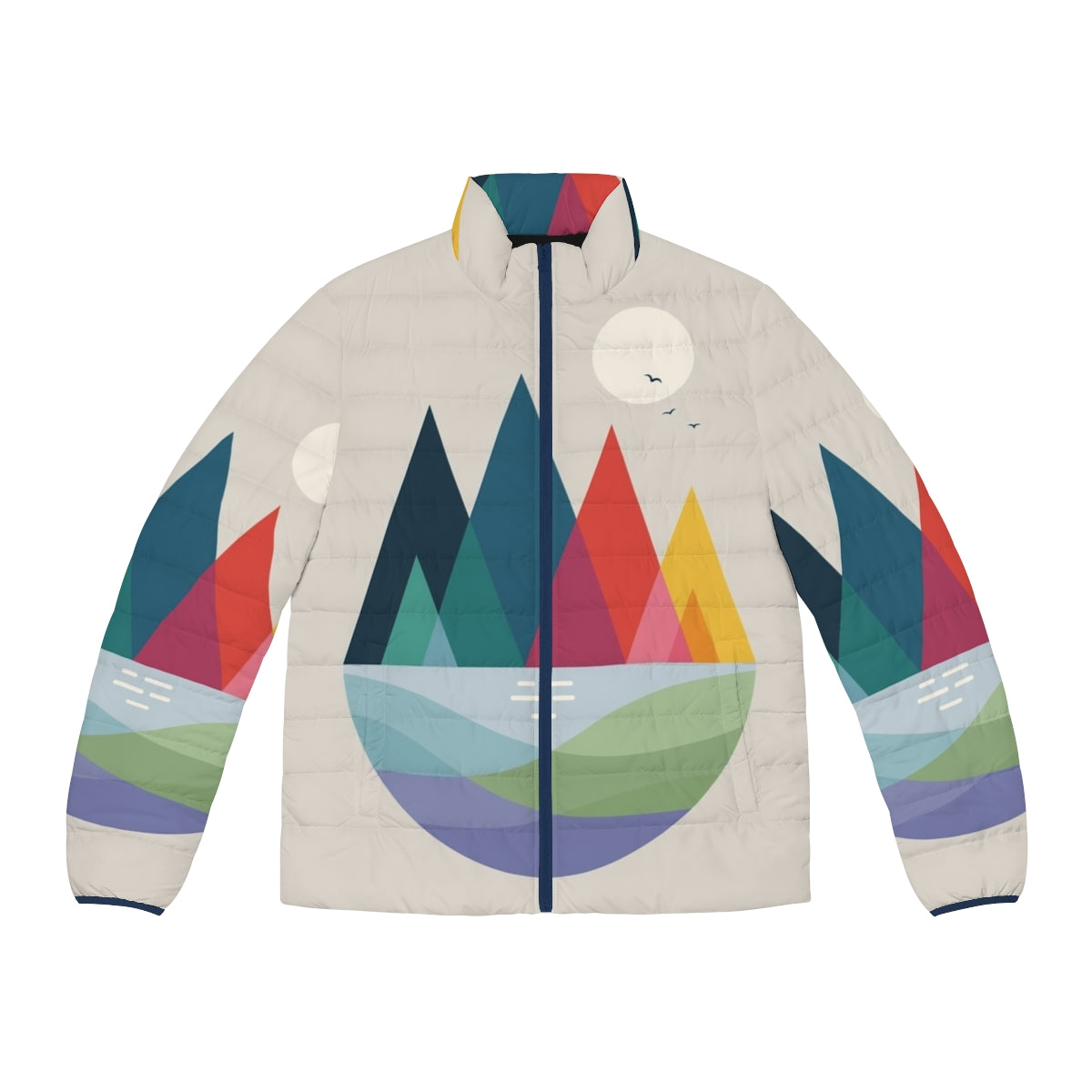 Colorful puffer jacket with geometric design and dream-like landscape