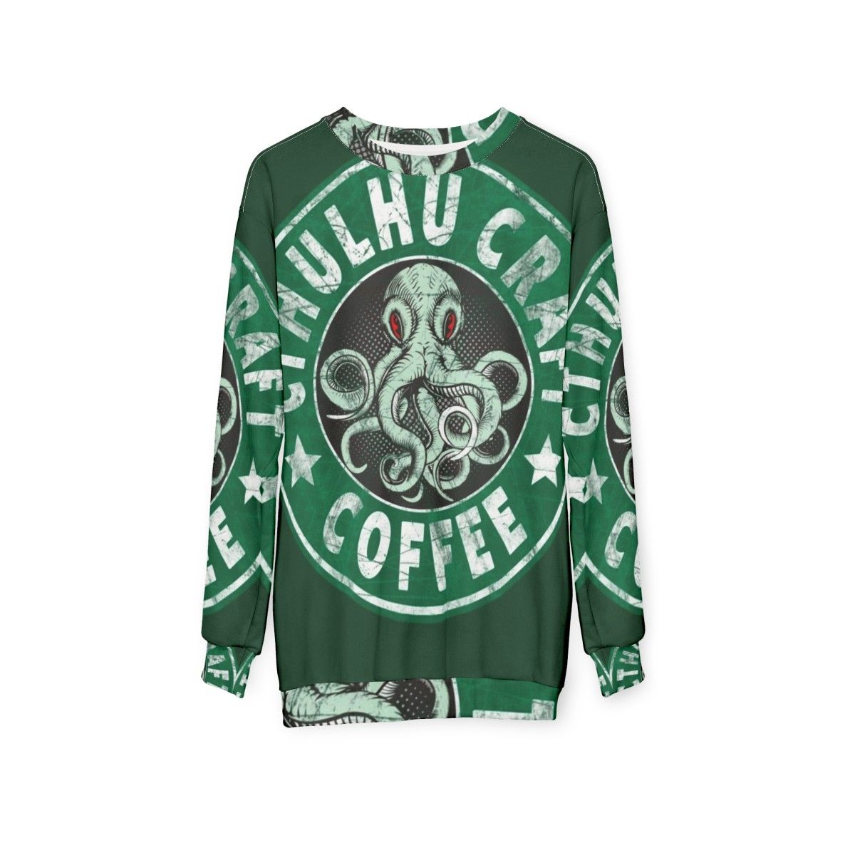 Cthulhu Craft Coffee Sweatshirt featuring a graphic design inspired by HP Lovecraft's The Call of Cthulhu - hanging