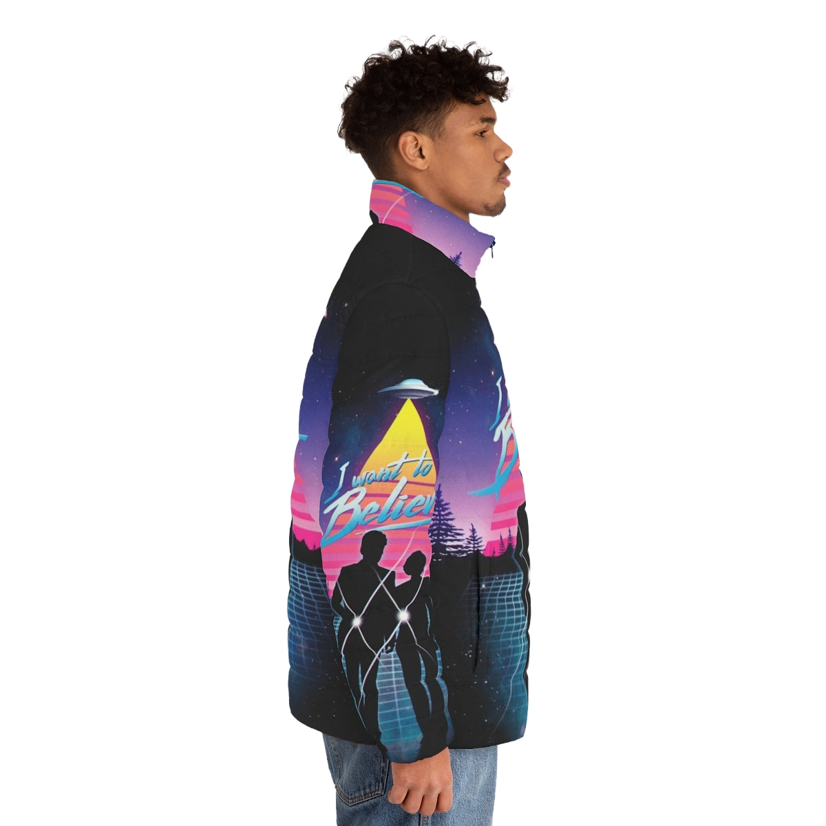 "I Want to Believe" Puffer Jacket featuring a retro sci-fi aesthetic - men side right