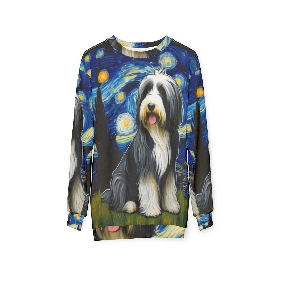 Bearded collie dog in starry night sweatshirt - hanging