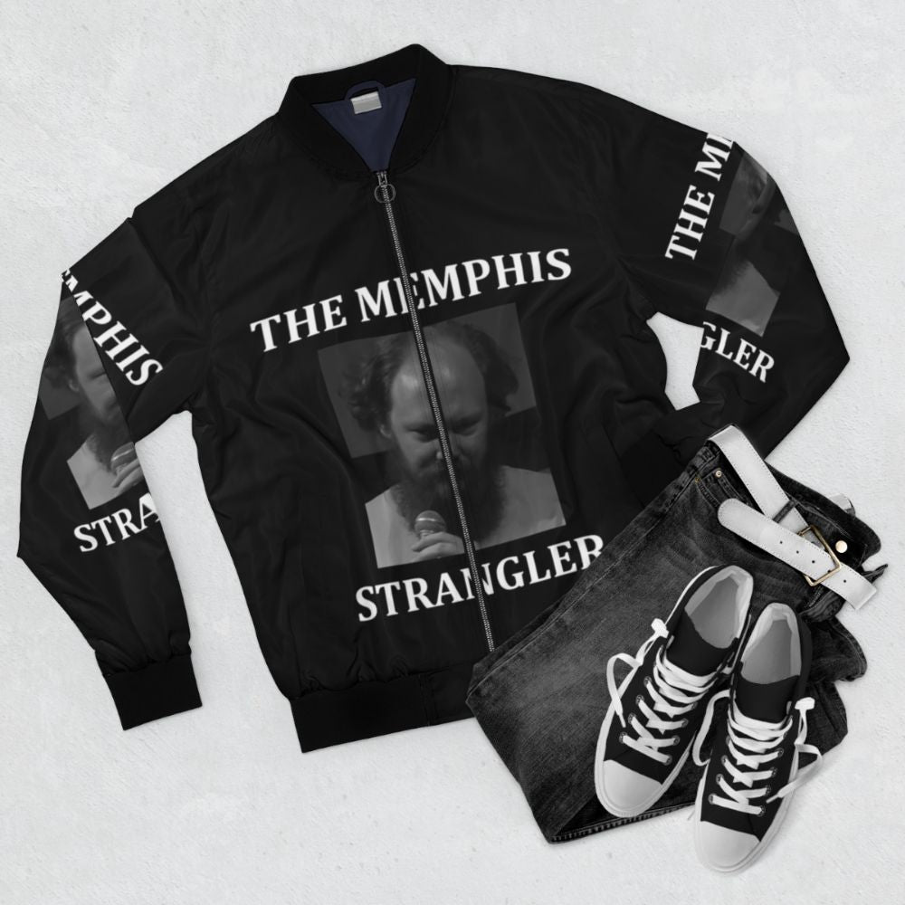 William Montgomery (The Memphis Strangler) Bomber Jacket with comedy and stand up comedy graphics - Flat lay