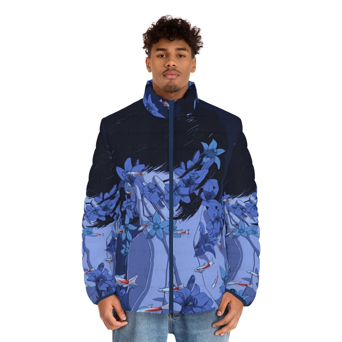 Blue puffer jacket with anime-inspired design - men front