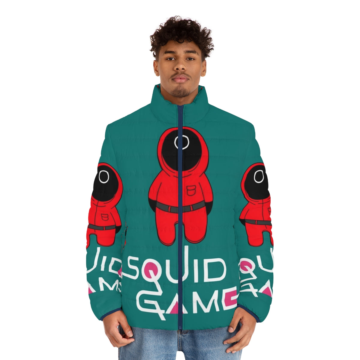 Squid Game Collection Puffer Jacket in pink guard uniform style - men front