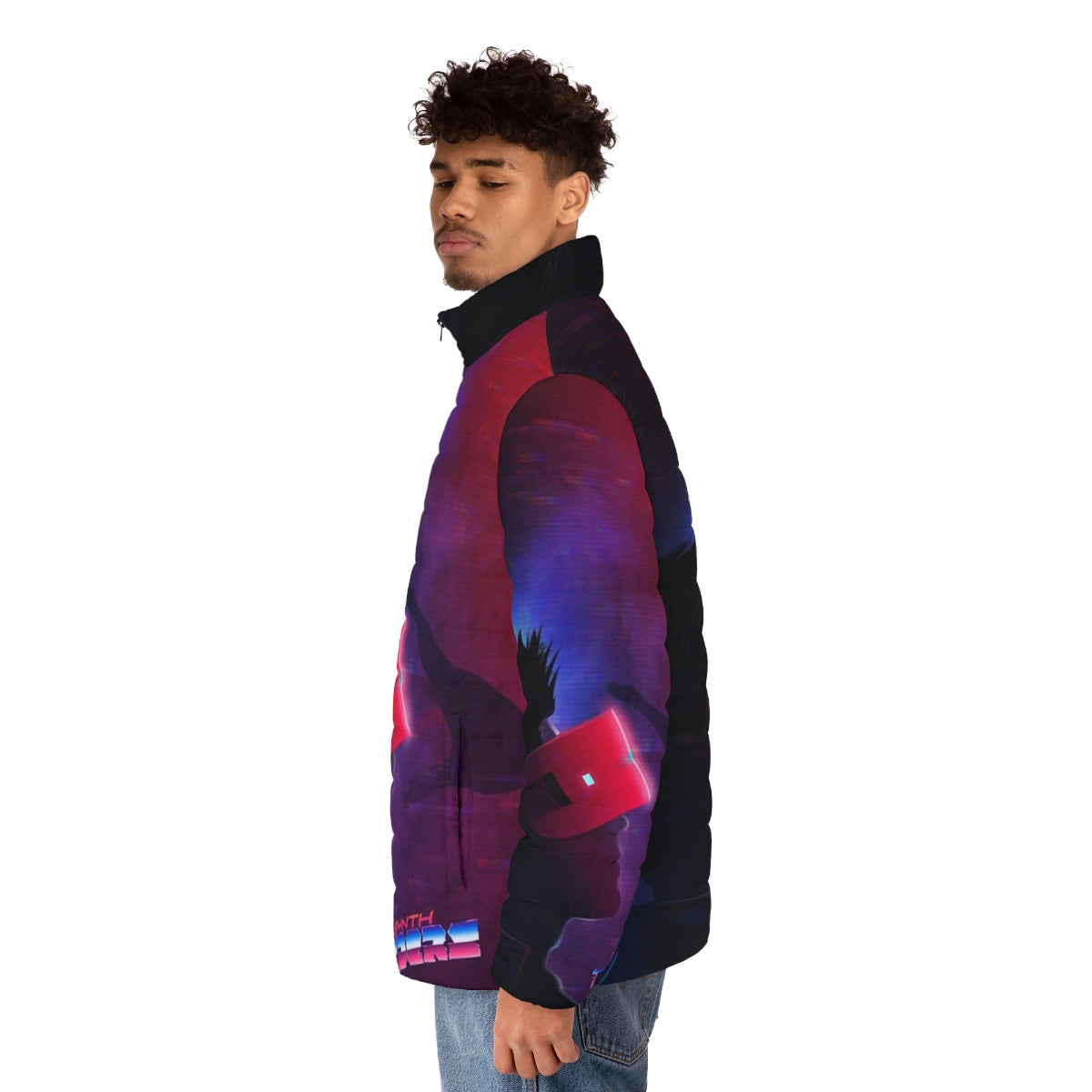 Synth Riders VR puffer jacket featuring a vibrant, futuristic design - men side left