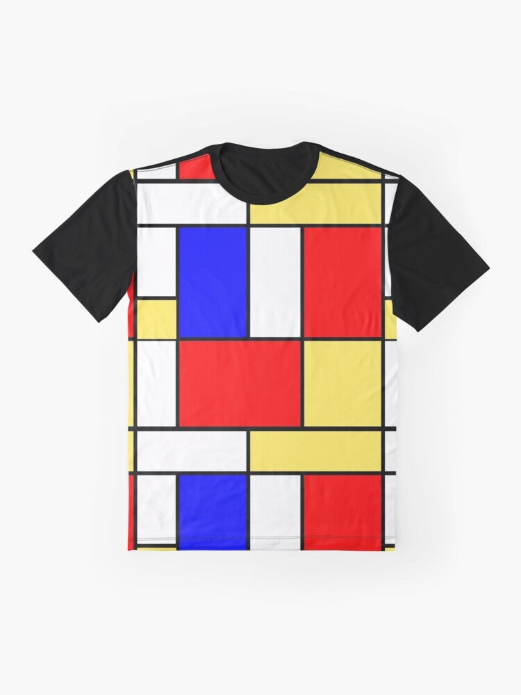 Mod 60s Mondrian Style Graphic T-Shirt with abstract minimalist Mondrian pattern in yellow, blue, red, white, and black - Flat lay