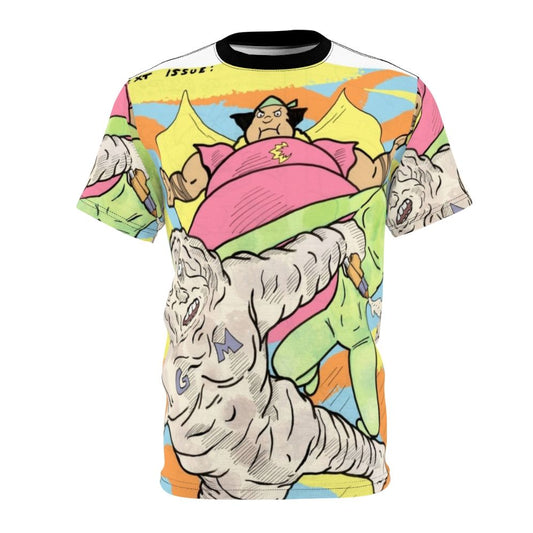 Pastel colored graphic t-shirt featuring Cloudman superhero character battling a lunar alien