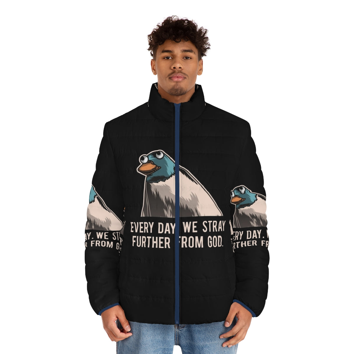 Everyday We Stray Further From God Meme Puffer Jacket with Platypus Design - men front