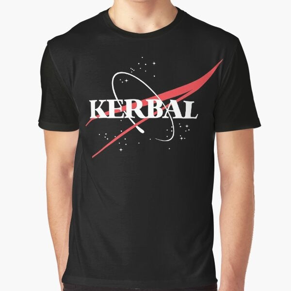 Kerbal Space Program graphic t-shirt and hoodie featuring the iconic Kerbal "meatball" logo and space elements for KSP fans.