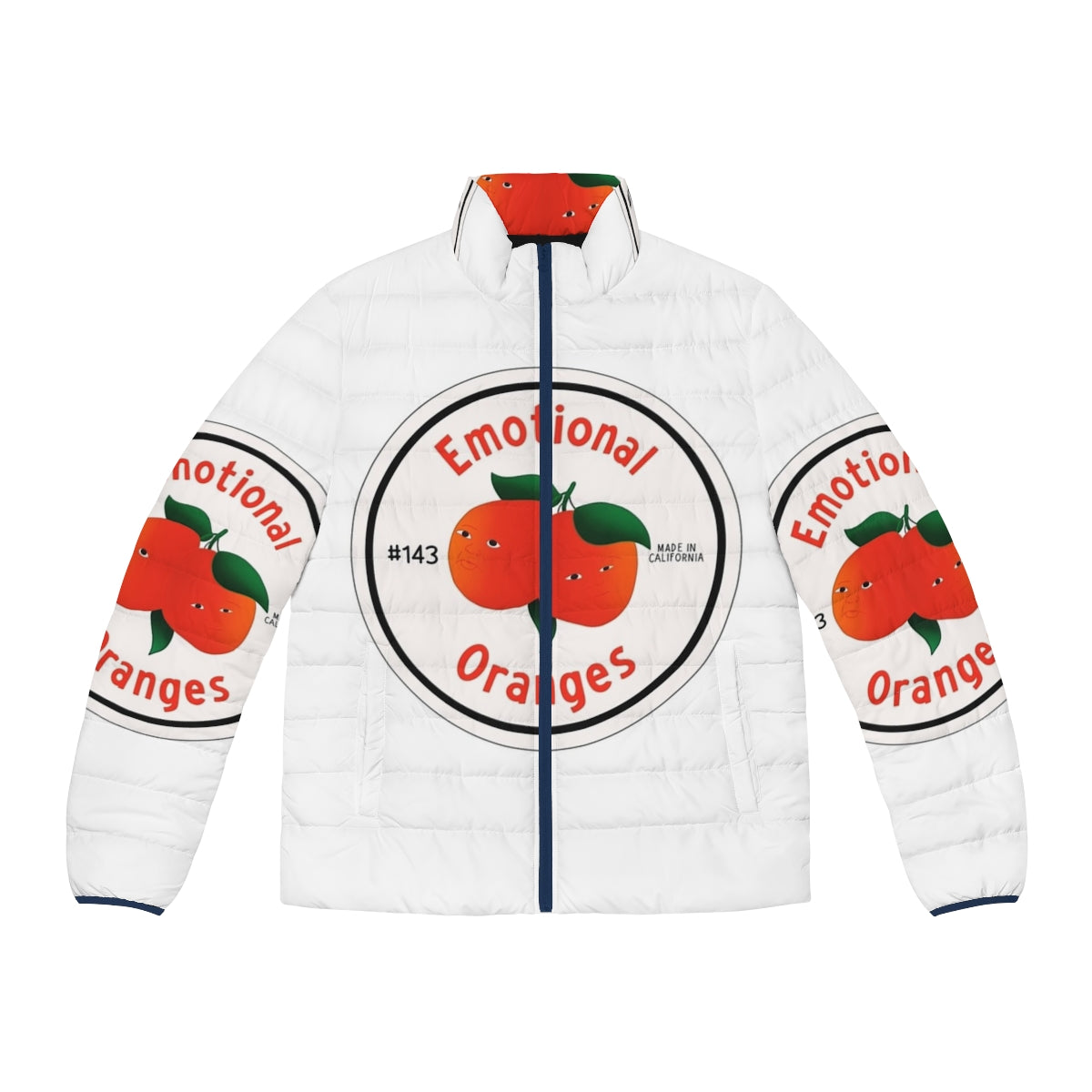 Emotional Oranges 90s-inspired puffer jacket featuring the band's iconic orange logo