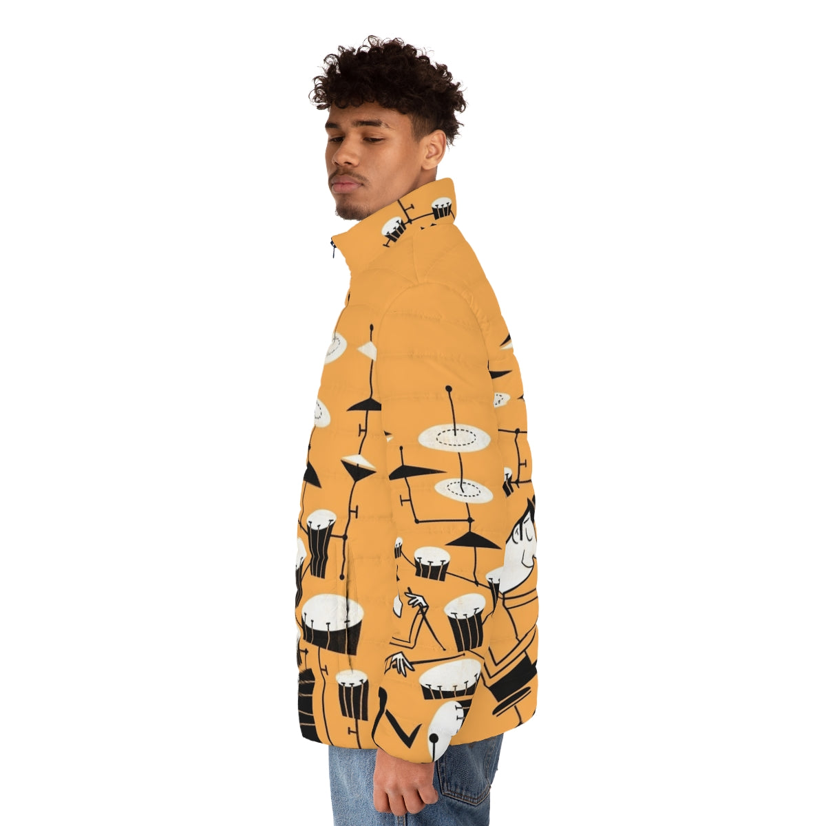 Puffer jacket with a graphic design of a funky drummer and the text "Play That Beat" - men side left