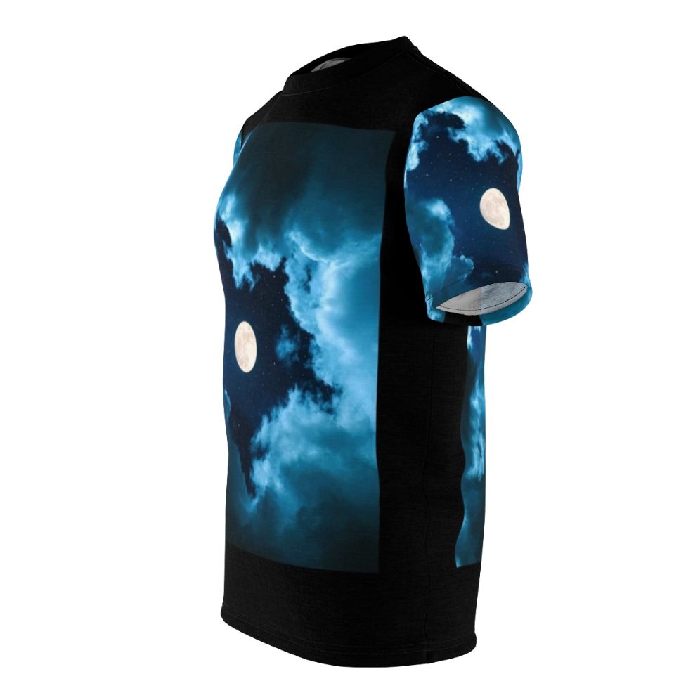 Moonshine-inspired cosmic t-shirt with galaxy, stars, and celestial elements - men left