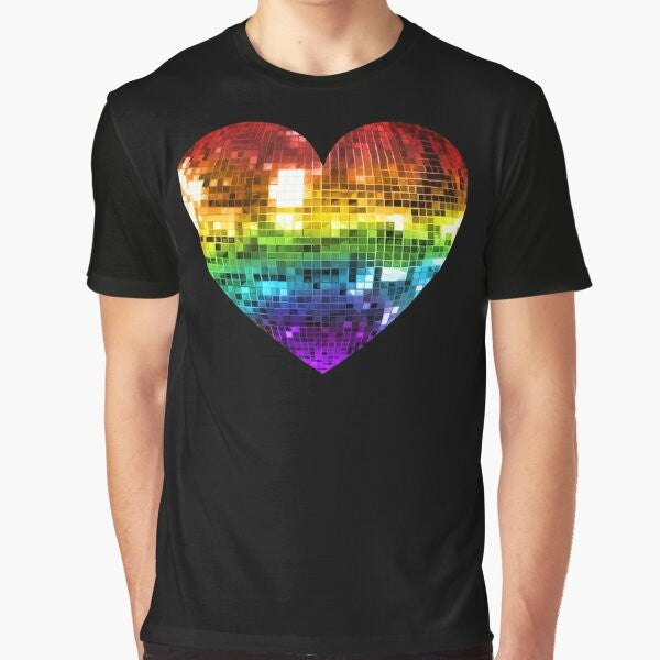 Colorful disco ball heart graphic on a t-shirt for rainbow disco pride