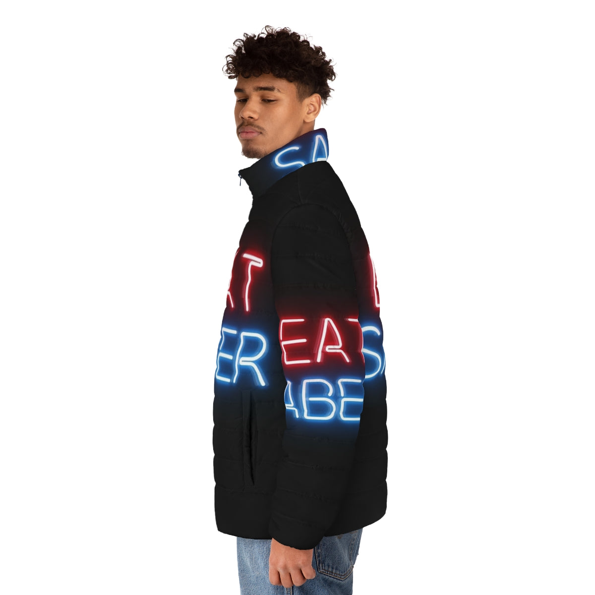 Beat Saber Puffer Jacket with neon colors and cyberpunk design - men side left